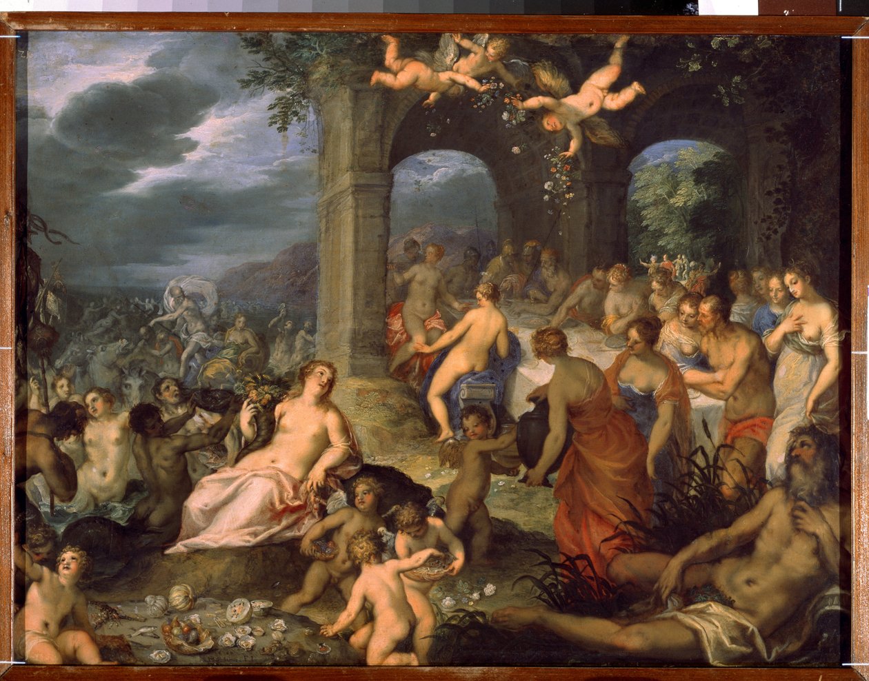 Festa dos deuses, o casamento de Pelé e Tétis. À esquerda, mrine deities (tritões e naides). No centro, a deusa da terra Tellus Mater (ou Terra Mater ou Gaia) com um chifre de abon de Hans I or Johann Rottenhammer