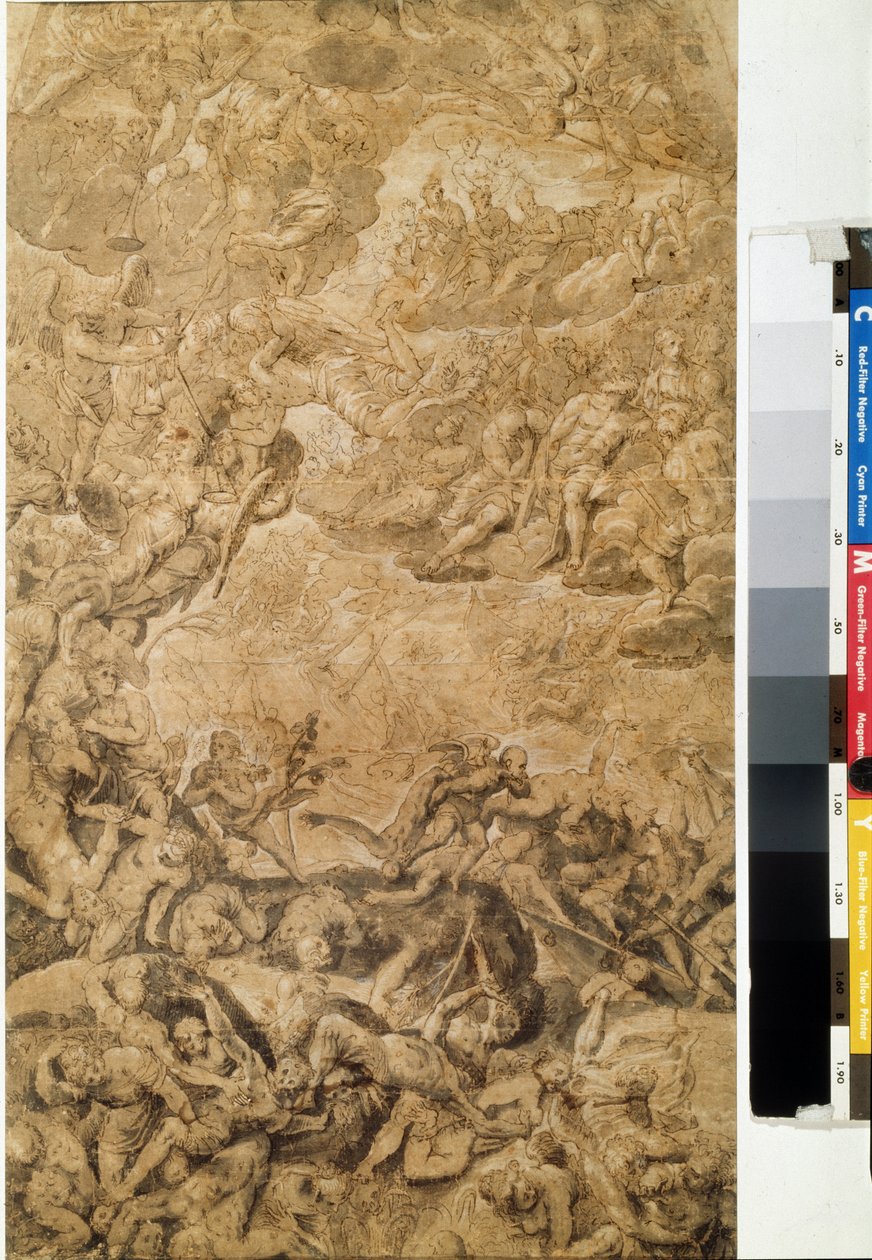 O último julgamento. Desenho por Hans Rottenhammer, a virilha (1564-1625). Grisaille sobre papel, 53,7 x 31,6 cm, ca. 1590. Arte alemã, Maneirismo. Pushkin Museum of Fine Arts, Moscovo. de Hans I or Johann Rottenhammer