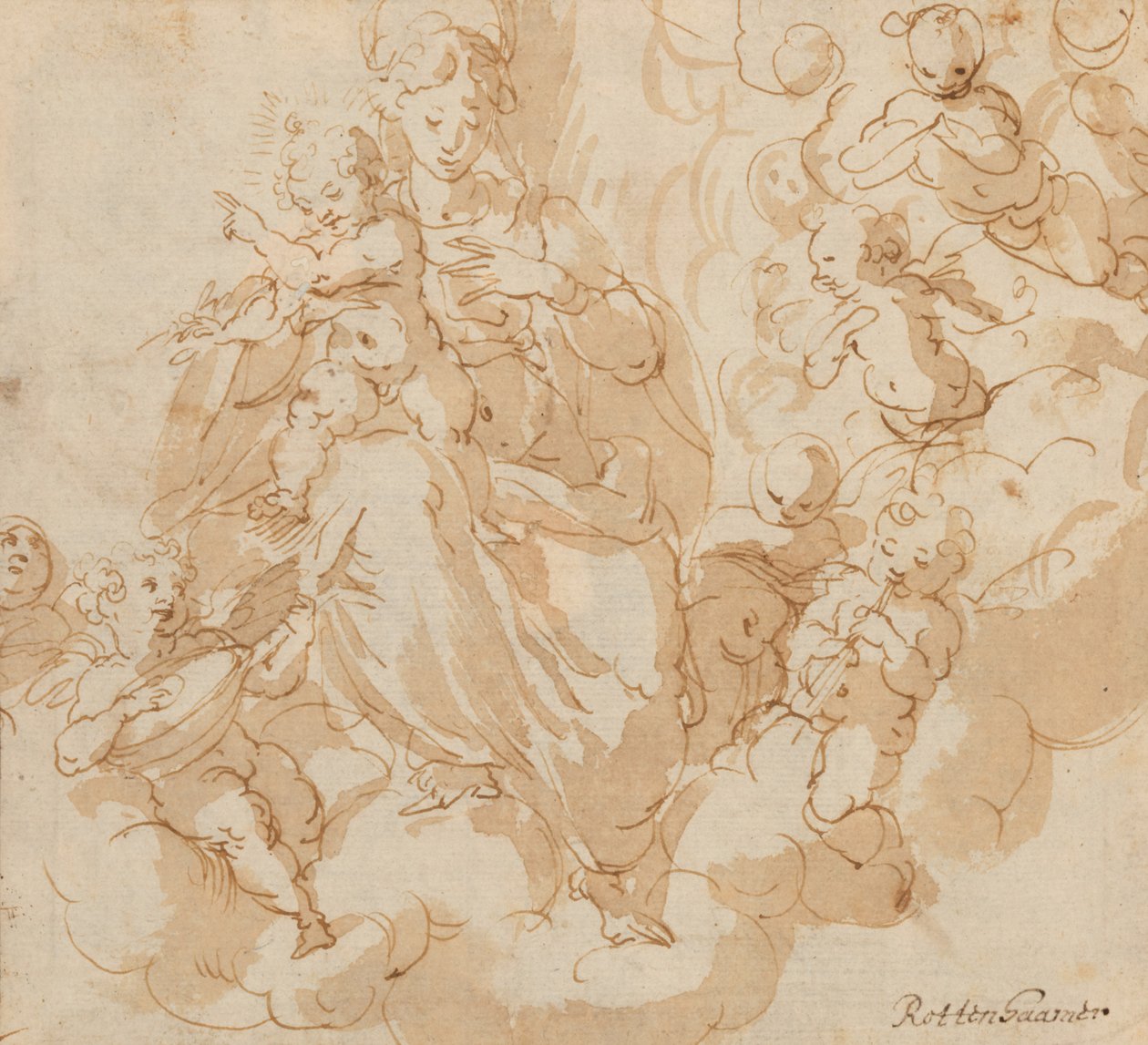 Recto: A Virgem e o Menino sentados nas nuvens, rodeados de putti de Hans I or Johann Rottenhammer