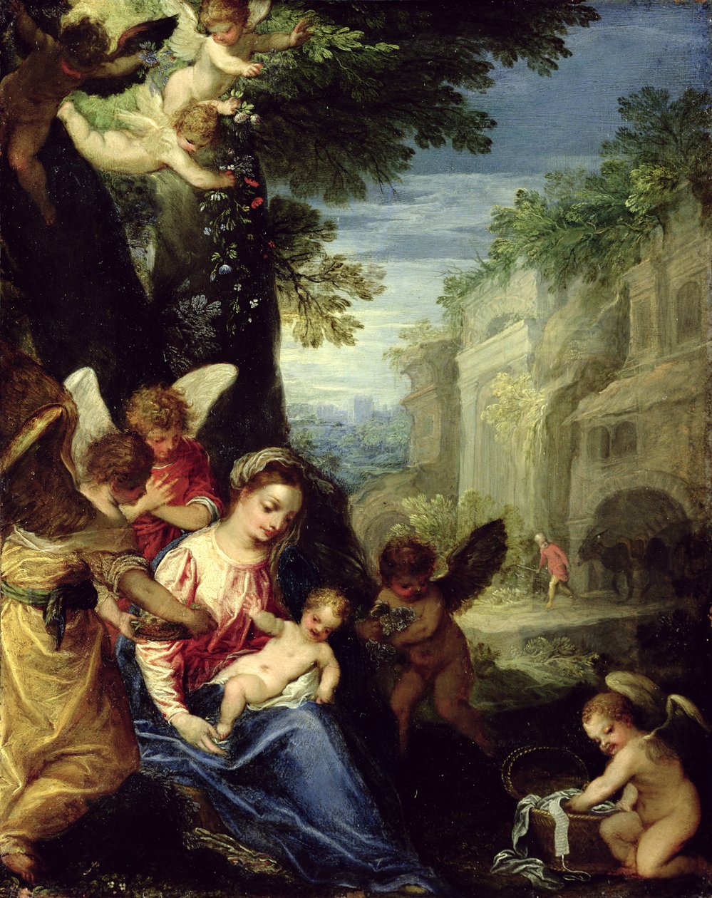 Descanse durante a fuga para o Egito, 1597 (óleo sobre cobre) de Hans I or Johann Rottenhammer