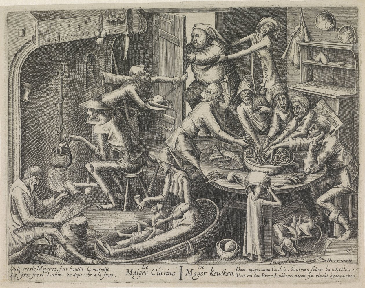 Cozinha magra LE MAIGRE CUISINA / The Skinny Keucken (título no objeto) Cozinha enxuta e a cozinha gordurosa (título da série) de Hans Liefrinck (I) (possibly)