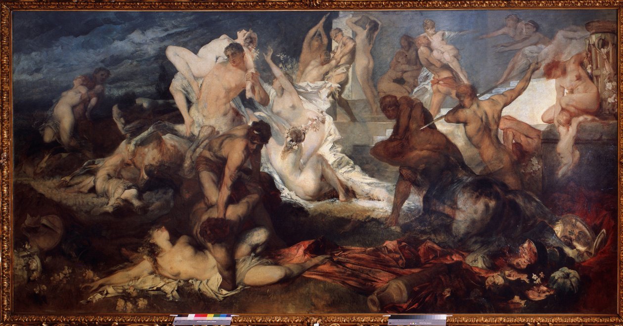 Batalha de Centauros e Lápitas ou Lafitas (Batalha de Centauros e Lápitas). Na mitologia grega, os Lápitas massacraram os centauros. Pintura de Hans Makart (1840-1884). Óleo sobre tela. Arte austríaca, período art nouveau. Museu Estadual de F de Hans Makart
