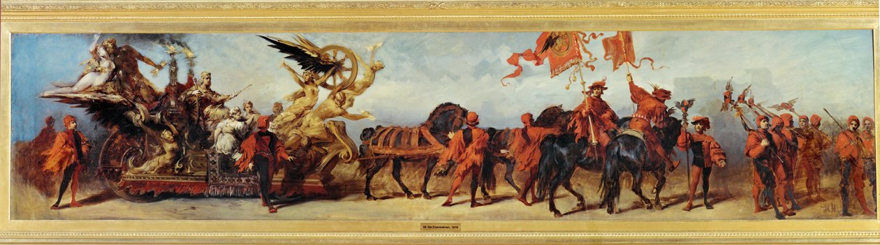 Die Eisenbahnen - Os caminhos-de-ferro, esboço para a festa de jubileu de 1879 ... (pintura sobre tela) de Hans Makart
