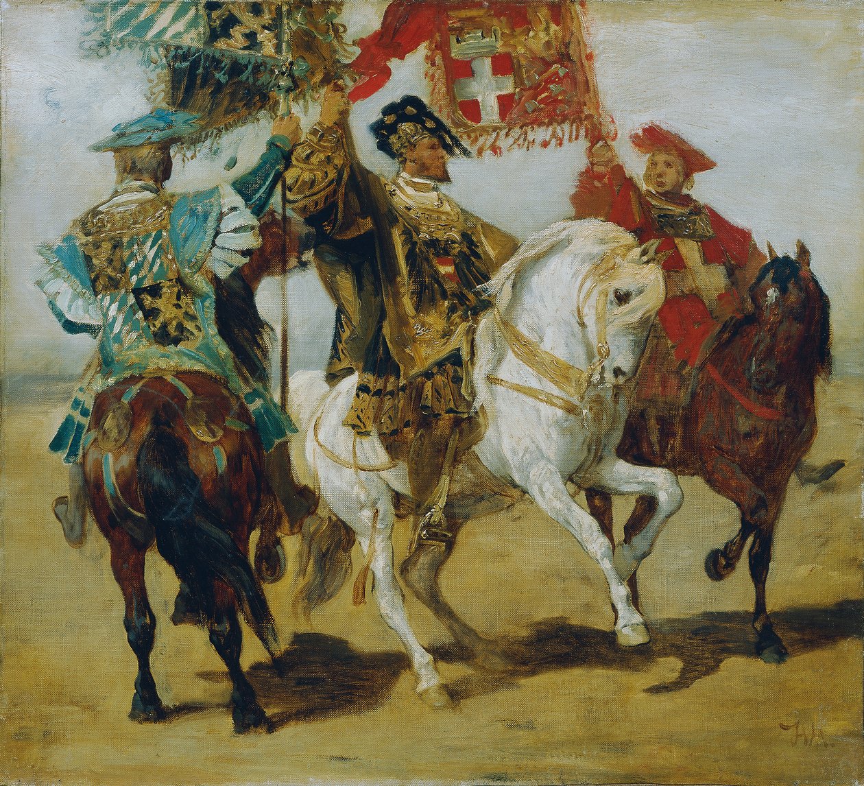 Três suportes standard montados de Hans Makart
