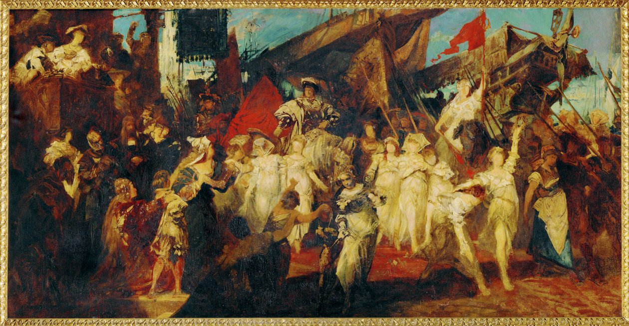 Entrada do Imperador Carlos V em Antuérpia ... (pintura sobre tela) de Hans Makart