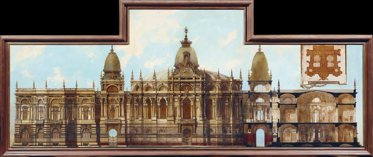 Projeto para um palácio: parte traseira e planta baixa de Hans Makart