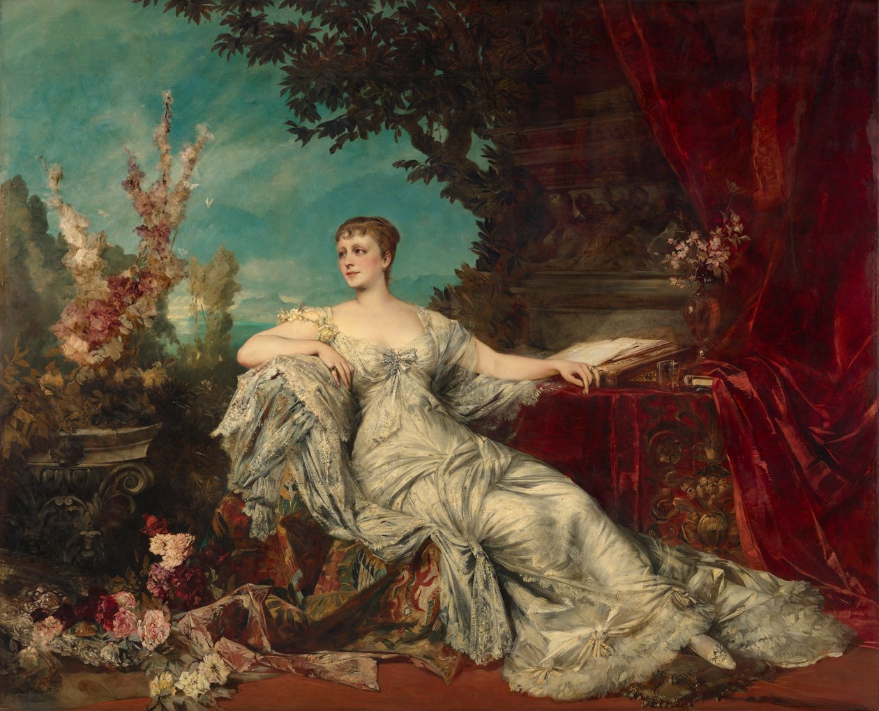 Retrato sentado da Condessa Gabrielle Louise Marie Duchâtel (1854-1889), esposa do embaixador francês em Viena de Hans Makart