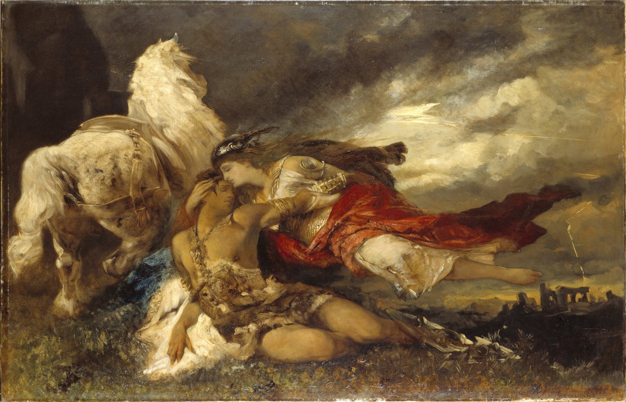 Valquíria e um Herói Moribundo, de Makart, Hans (1840-1884). Óleo sobre tela. Tamanho: 130x200 cm. Nationalmuseum Estocolmo de Hans Makart