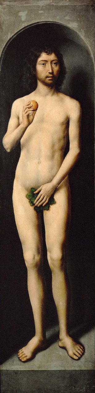 Adam. Ala lateral do Pequeno Tríptico de São João Batista - Hans Memling (1433/40-1494). Óleo sobre madeira, ca. 1485. Dimensão : 69,4x17,2 cm. Museu de História de Arte, Vienne de Hans Memling