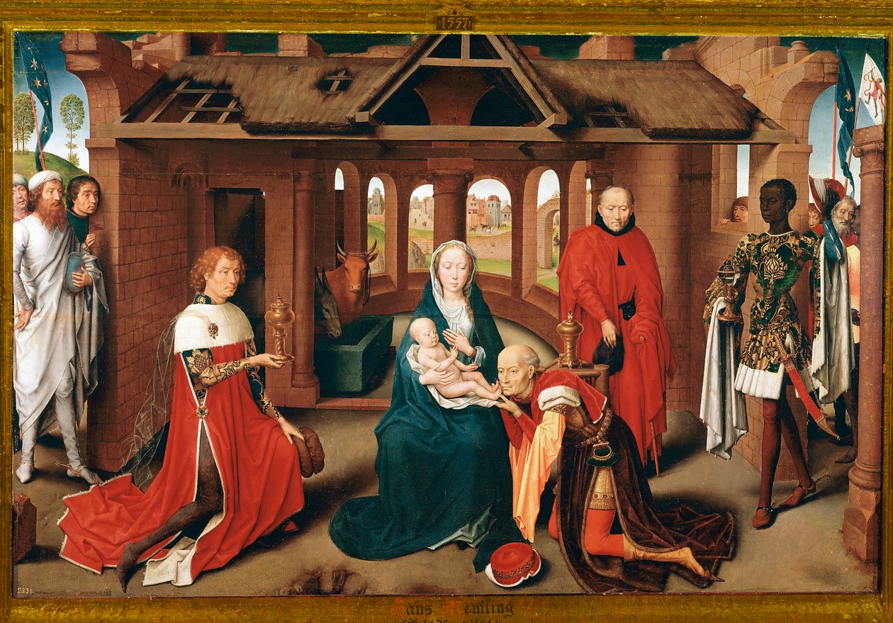 Adoração dos Magos. Painel central do tríptico do Prado (óleo sobre madeira, c.1470) de Hans Memling