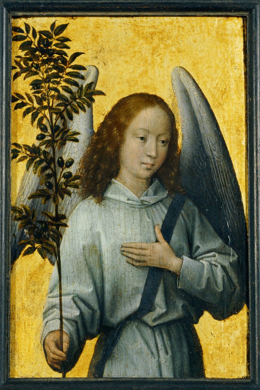 Anjo segurando um ramo de oliveira, emblema da Paz Divina ... de Hans Memling