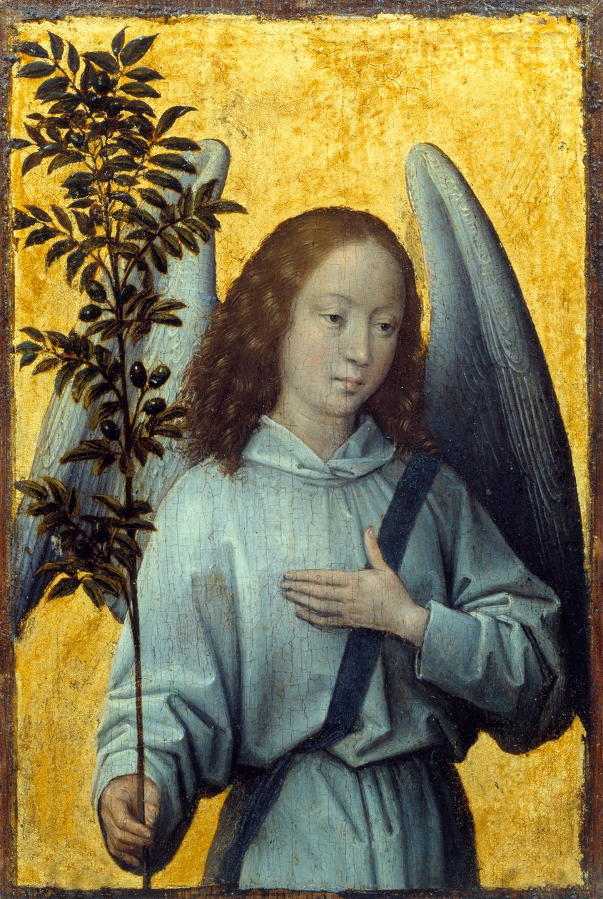 Anjo segurando um ramo de oliveira Pintura de Hans Memling (1435-1494) (ec.flam.) Sol do século XV. 1,64x1,1 m Paris, Musee du Louvre de Hans Memling