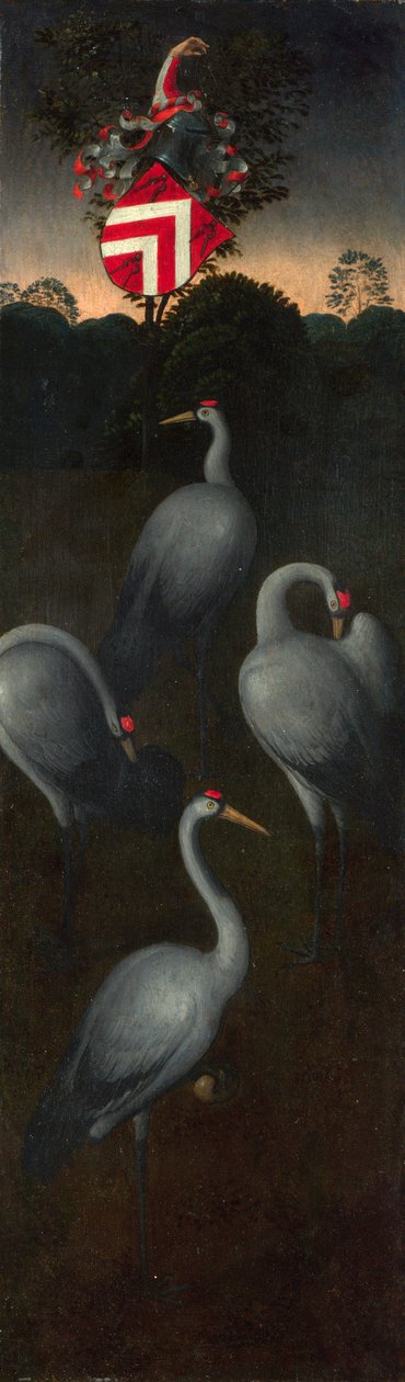 Guindastes com o brasão de armas da família Pagagnotti O reverso de um painel de um tríptico, c. 1480 de Hans Memling