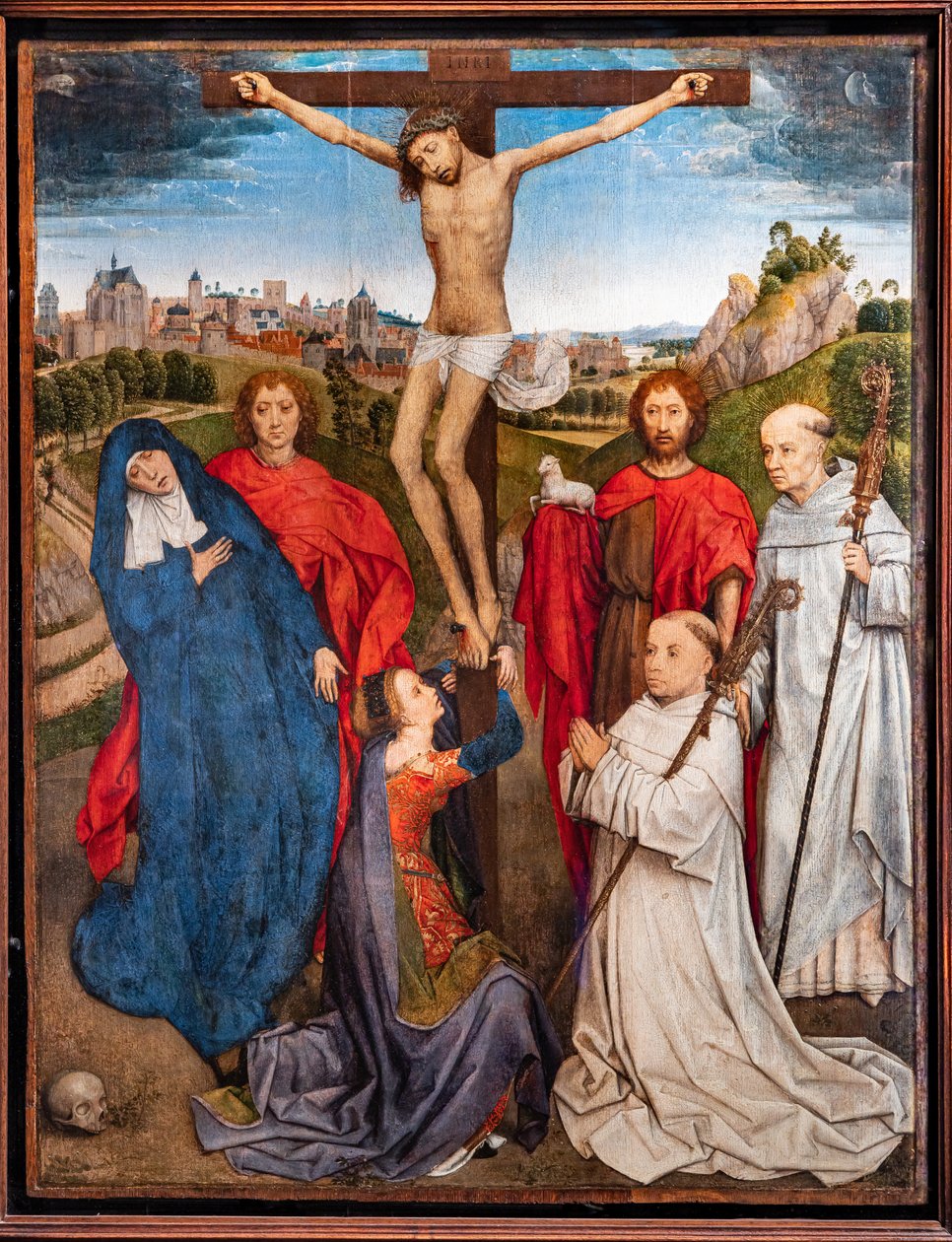 Cristo crucificado com a Virgem, São João Batista e o Evangelista, Maria Madalena e dois abades cistercienses de Hans Memling