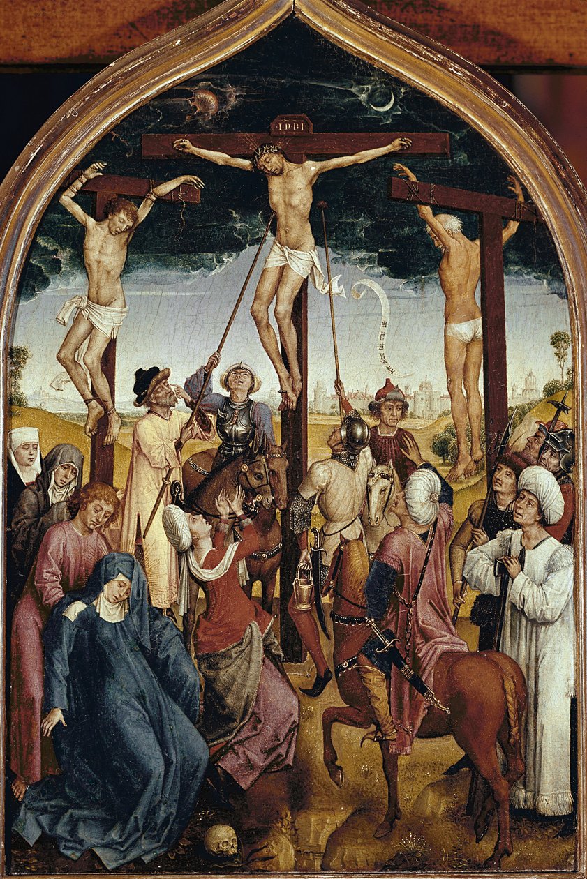 Crucificação, parte direita do díptico de Jeanne de France (Crucificação, de Díptico de Jeanne de France) - Pintura de Hans Memling (1435/40-1494), óleo sobre madeira, 52x36 cm. Chantilly, Musee Conde. de Hans Memling