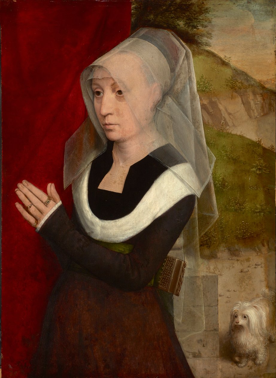 Femme en priere avec son chien - Mulher rezando com seu cachorro, de Memling, Hans (1433/40-1494). óleo sobre madeira de Hans Memling