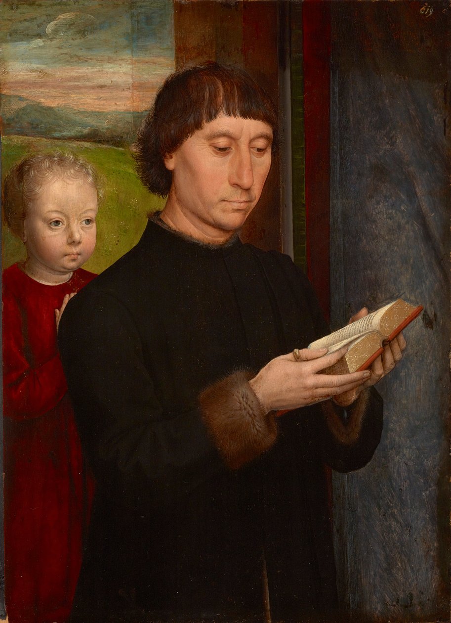 Homme en priere avec son fils defunt - Homem orando com seu filho falecido, de Memling, Hans (1433/40-1494). óleo sobre madeira de Hans Memling