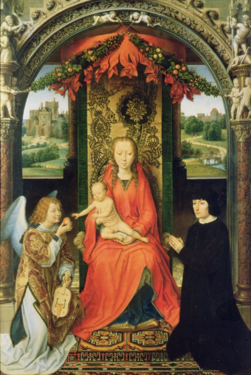 Madonna e criança com os doadores e um anjo, painel central de um tríptico, 1485-90 (painel) de Hans Memling
