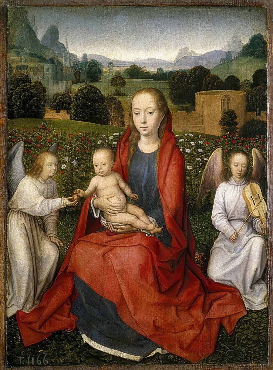 Madonna e criança com dois anjos. 1480-90 de Hans Memling