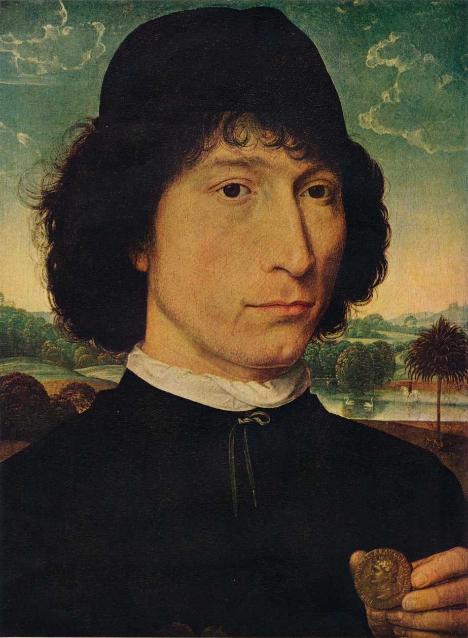 Retrato de um homem segurando uma moeda do imperador Nero, 1474 de Hans Memling