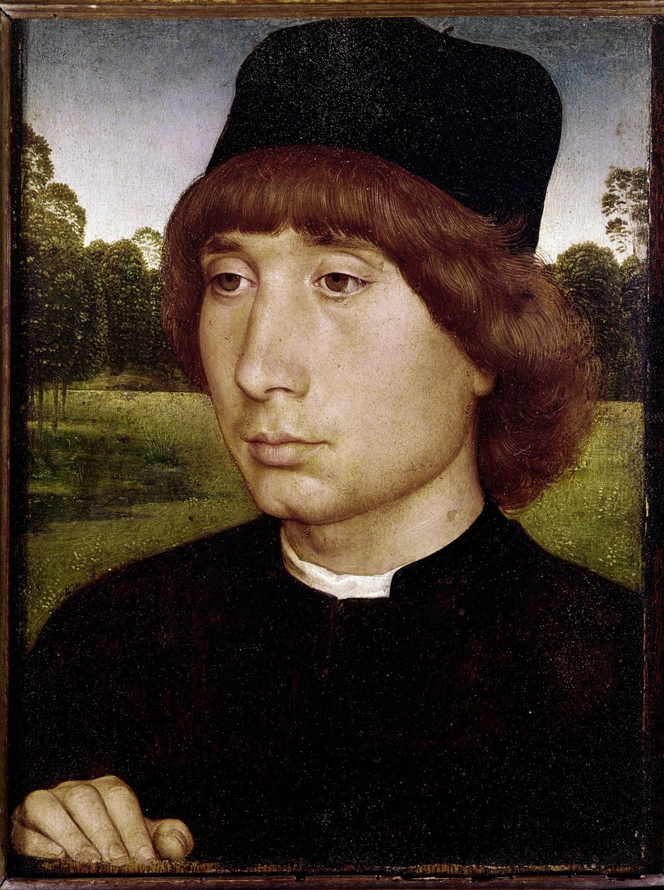 Retrato de um homem jovem. (óleo sobre madeira, c.1480) de Hans Memling