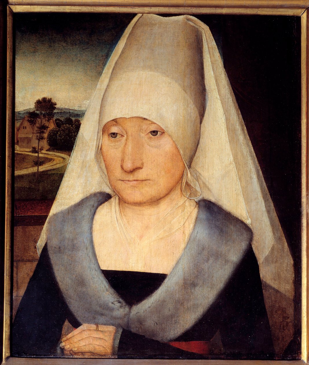 Retrato de uma mulher idosa Pintura de Hans Memling (1435-1494) Sol do século XV. 0,35x0,29 m - Retrato de uma mulher idosa. Pintura de Hans Memling (1435-1494) de Hans Memling