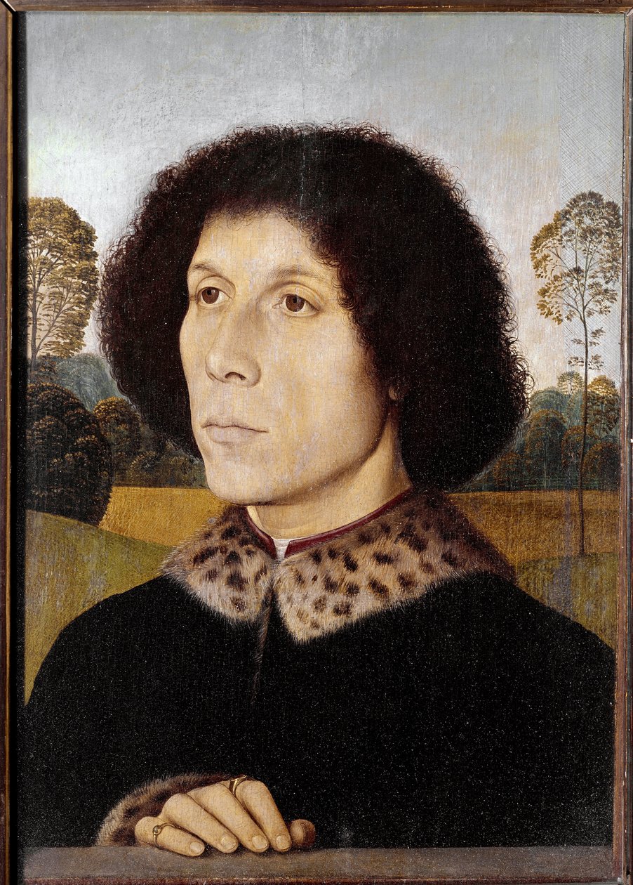 Retrato de um homem desconhecido em uma paisagem (óleo sobre madeira de Hans Memling