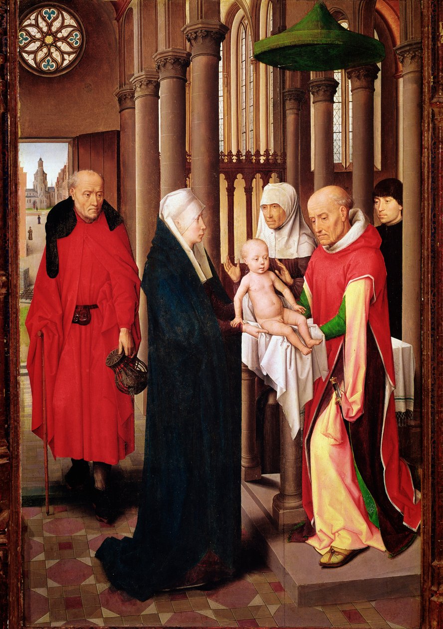 Apresentação no templo. Painel direito do Tríptico de Adoração dos Reis Magos (Detrempe sobre madeira, c.1470) de Hans Memling