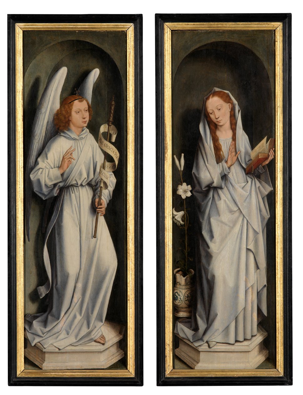 Reverso de um par de asas mostrando a Anunciação (óleo sobre painel) de Hans Memling