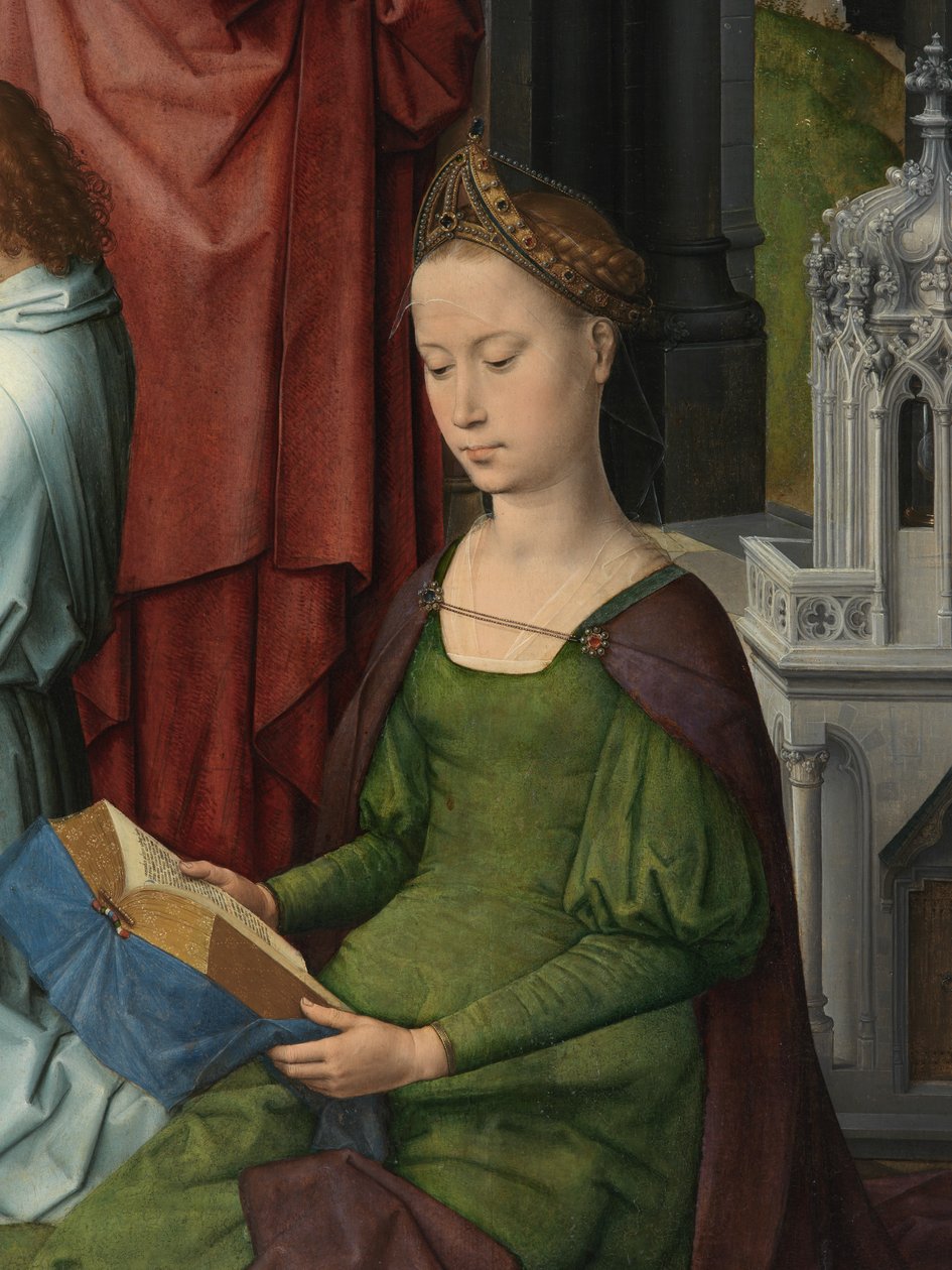Santa Bárbara, detalhe do painel central do Tríptico de São João Baptista e São João Evangelista de Hans Memling