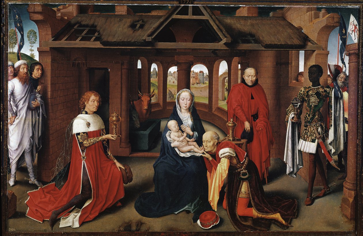 Os Magos como Carlos, o Temerário, e Filipe, o Bom. Painel central da Adoração dos Reis Magos (Detrempe sobre madeira de Hans Memling