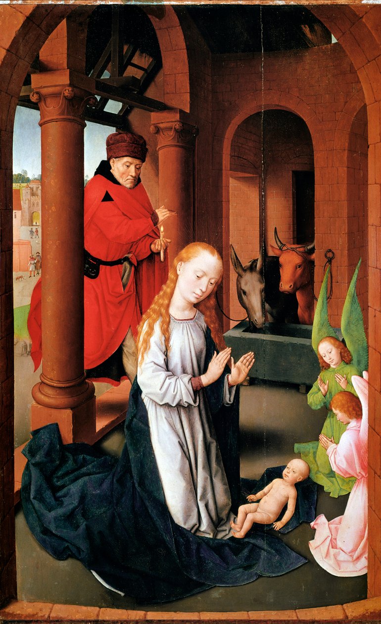 A Natividade. Painel esquerdo do Tríptico da Adoração (Detrempe sobre madeira, c.1470) de Hans Memling