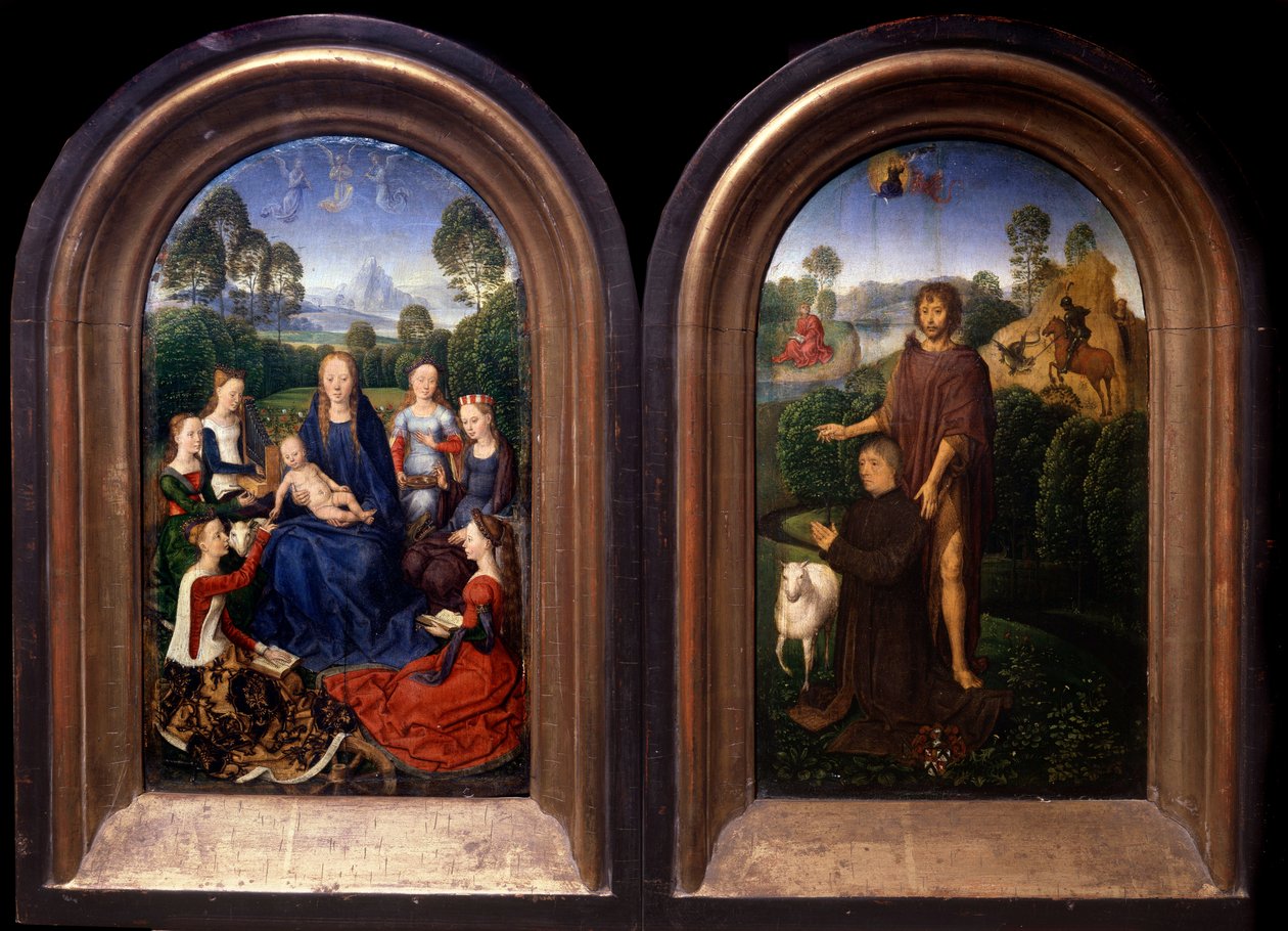 A Virgem e a Criança Rodeadas por Saintes, o Doador e São João Baptista Díptico - Pintura de Hans Memling (1435-1494) (ec flam) Paris do século XV, Museu do Louvre de Hans Memling
