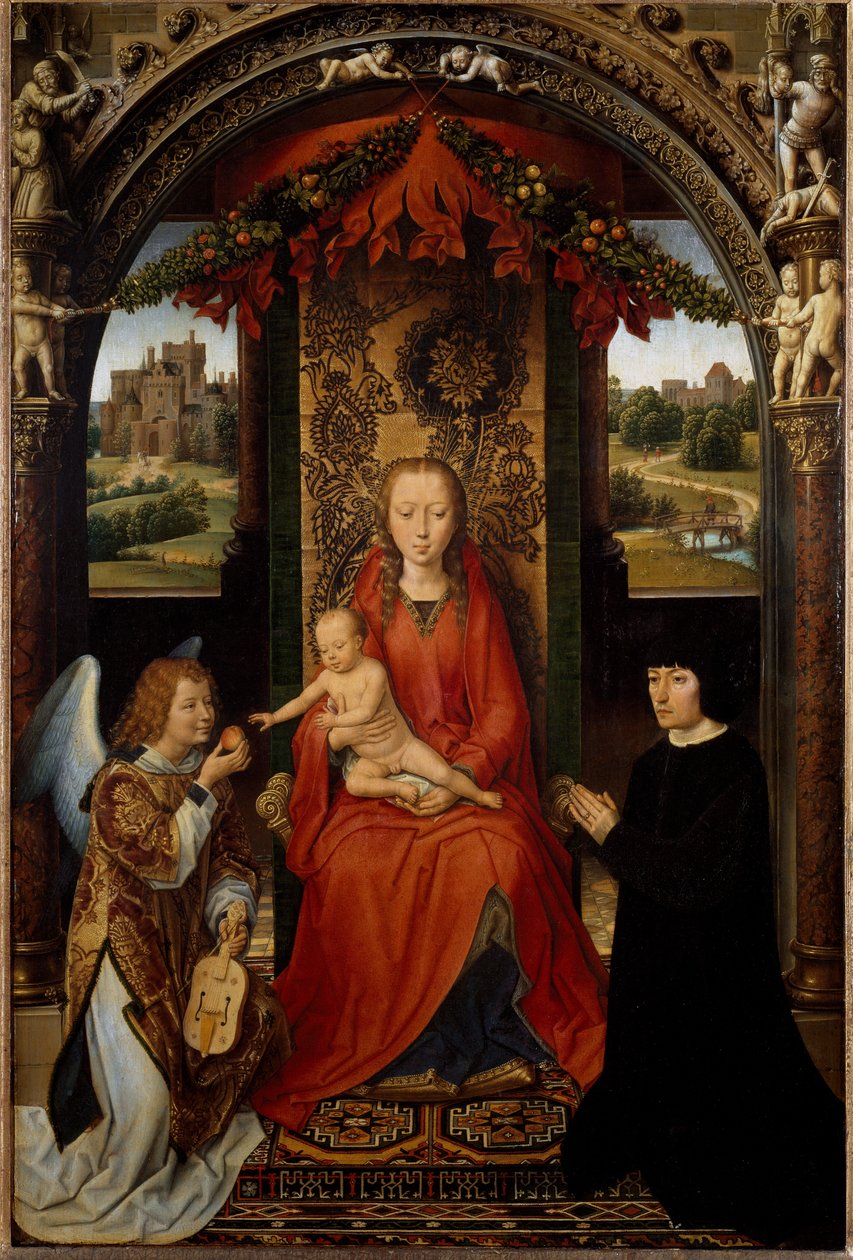 A Virgem e a Criança com o doador e um anjo músico. (Pintura, c.1485) de Hans Memling