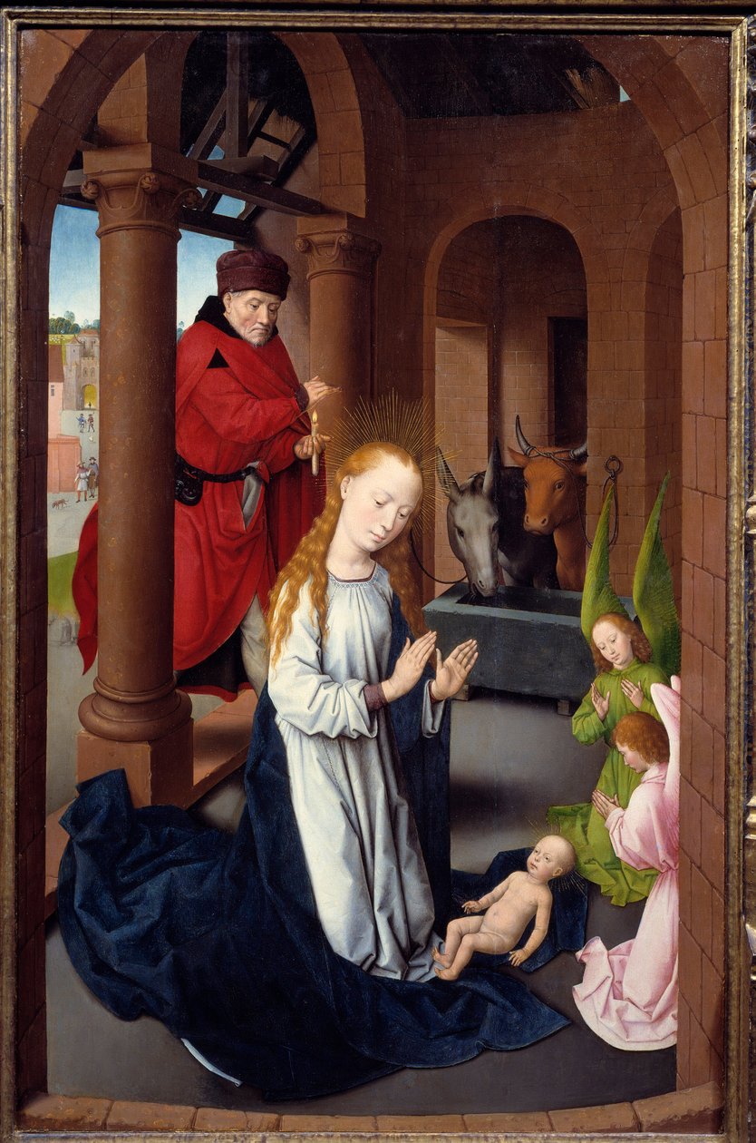 Tríptico da Adoração dos Magos. Detalhe do painel esquerdo: La Nativite. Detrempe sobre madeira por Hans Memling (1433-1494), cerca de 1470. Madrid. Museu do Prado. de Hans Memling