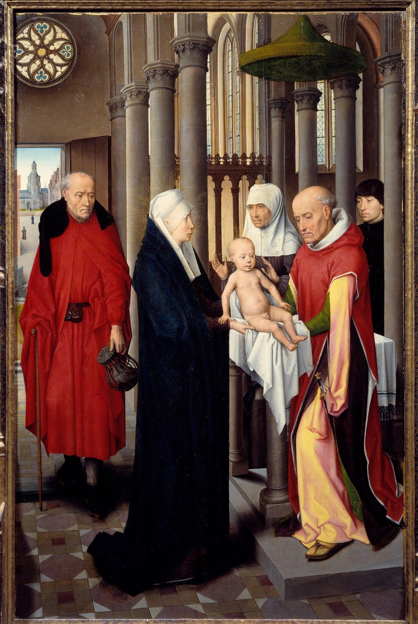 Tríptico da Adoração dos Magos. Detalhe do painel direito: Apresentação no Templo. Detrempe sobre madeira por Hans Memling (1433-1494), cerca de 1470. Madrid. Museu do Prado de Hans Memling