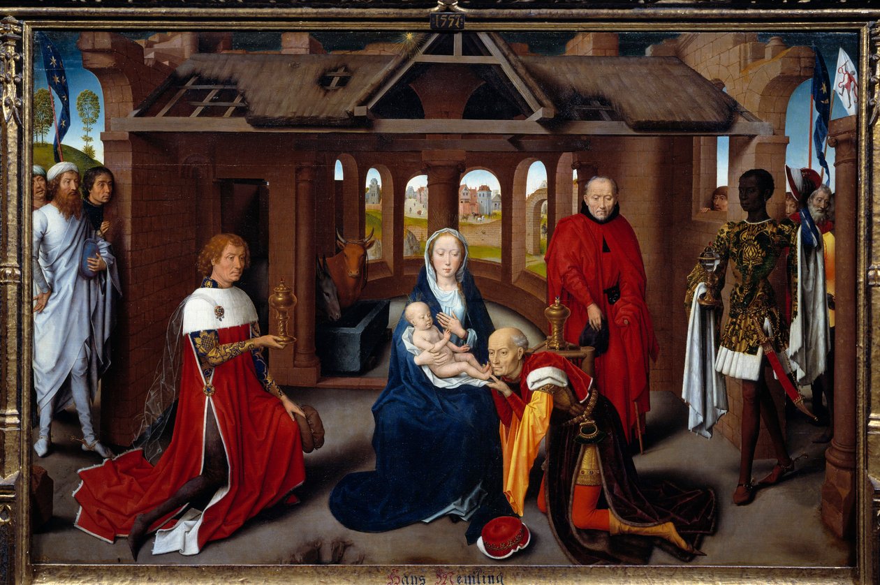 Tríptico da Adoração dos Magos: painel central. Os magos são como Carlos o Temerário e Filipe o Bom. Detrempe sobre madeira por Hans Memling (1433-1494). cerca de 1470, Sol. 0,95x1,45 m Madrid. Musee du Prado. - Tríptico da Adoração dos Reis Magos: cêntimo de Hans Memling