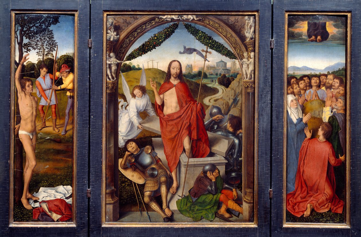 Tríptico da ressurreição. Esquerda: Martírio de San Sebastian. Direita: a ascensão de Cristo. No centro: a ressurreição. Pintura de Hans Memling (1435-1494) Ec. Flam. de Hans Memling