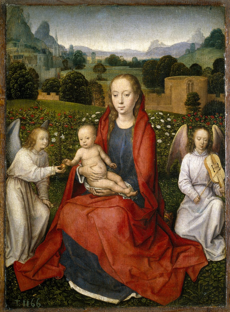 Virgem e criança e dois anjos, 1480-1490 de Hans Memling