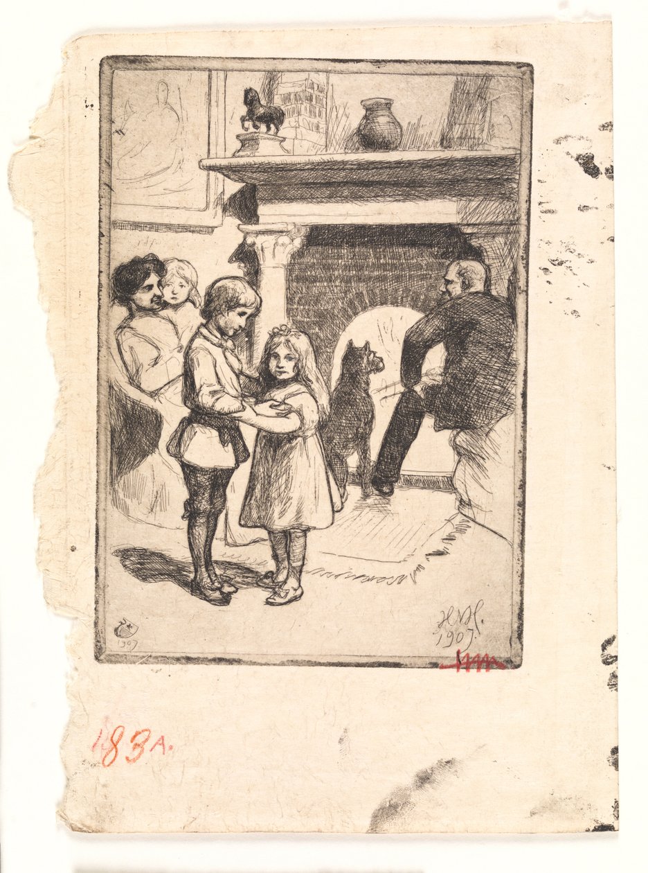 Cartão de ano novo (a família junto à lareira) de Hans Nikolaj Hansen