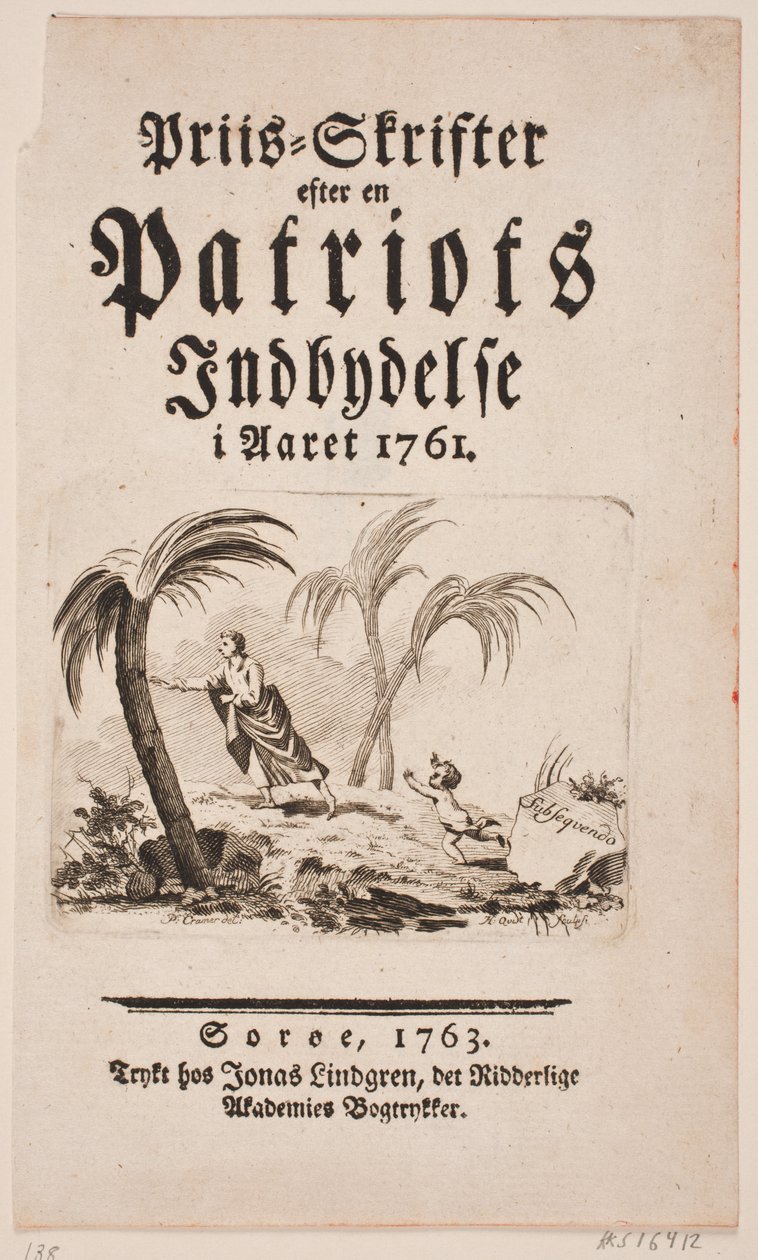Página de título com vinheta para "Prêmio-Skrifter após o convite de um patriota no ano de 1761" de Hans Quist