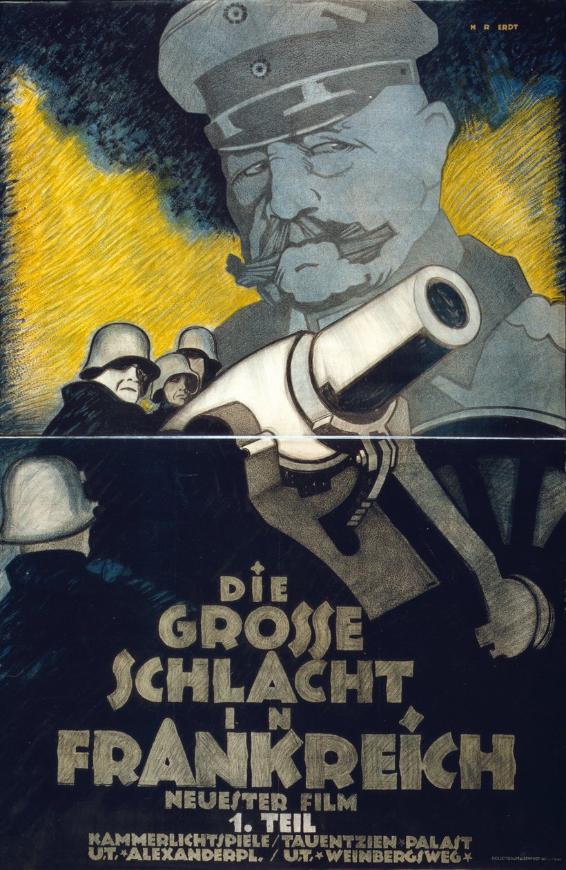 Cartaz do filme "Die Grosse Schlacht in Frankreich" Parte I (A Grande Batalha em França) da Primeira Guerra Mundial: Artilheiros alemães à volta de um morteiro. Marechal de Campo Hindenburg uma torre em segundo plano. Hans Rudi Erdt (1883-1918) Artista ale de Hans Rudi Erdt