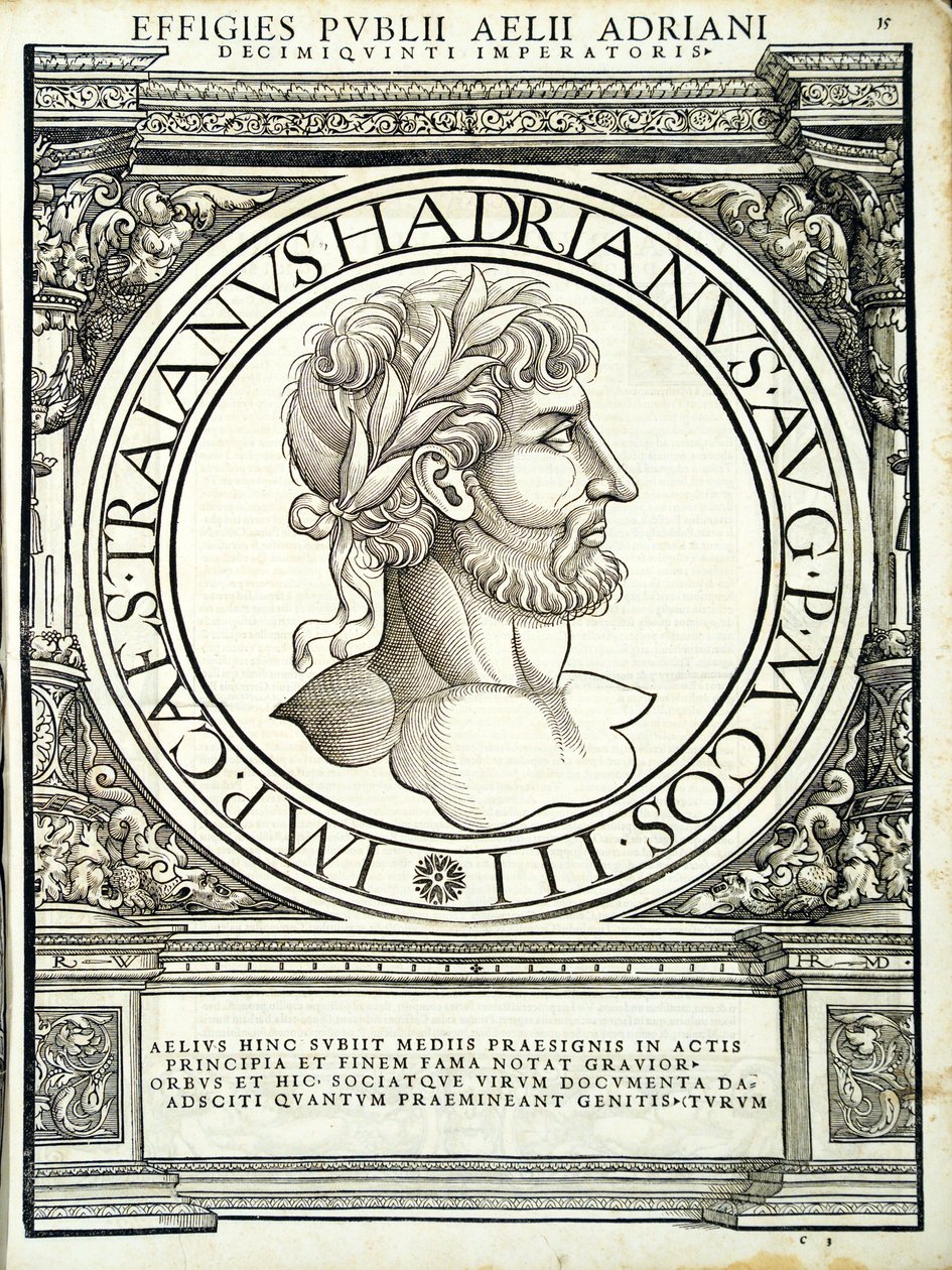 Adriano, dos imperadores romanos de leste e oeste mais verdadeiras imagens de moedas antigas, gravura por Rudolph Wyssenbach, impressa por Andreas Hamberger, Zuri de Hans Rudolf Manuel Deutsch