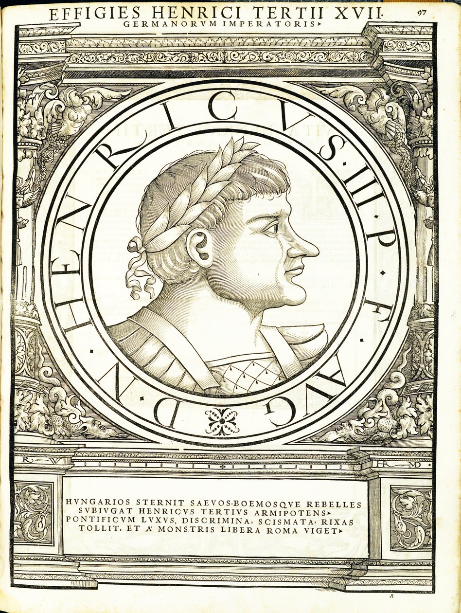 Henry, 3, do comandante geral dos Roman Leste e Oeste mais verdadeiras imagens de moedas antigas, gravura por Rudolph Wyssenbach, impressa por Andreas Gessner, Zurique de Hans Rudolf Manuel Deutsch