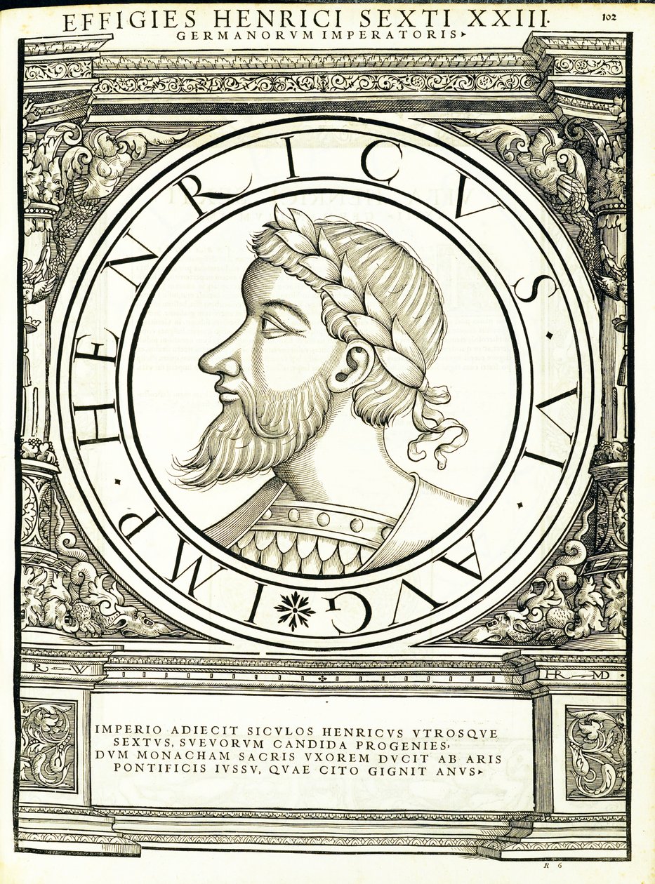 Henry, 6, a partir dos imperadores romanos de leste e oeste mais verdadeiras imagens de moedas antigas, gravura por Rudolph Wyssenbach, impressa por Andreas Gessner, Zurique, 1 de Hans Rudolf Manuel Deutsch