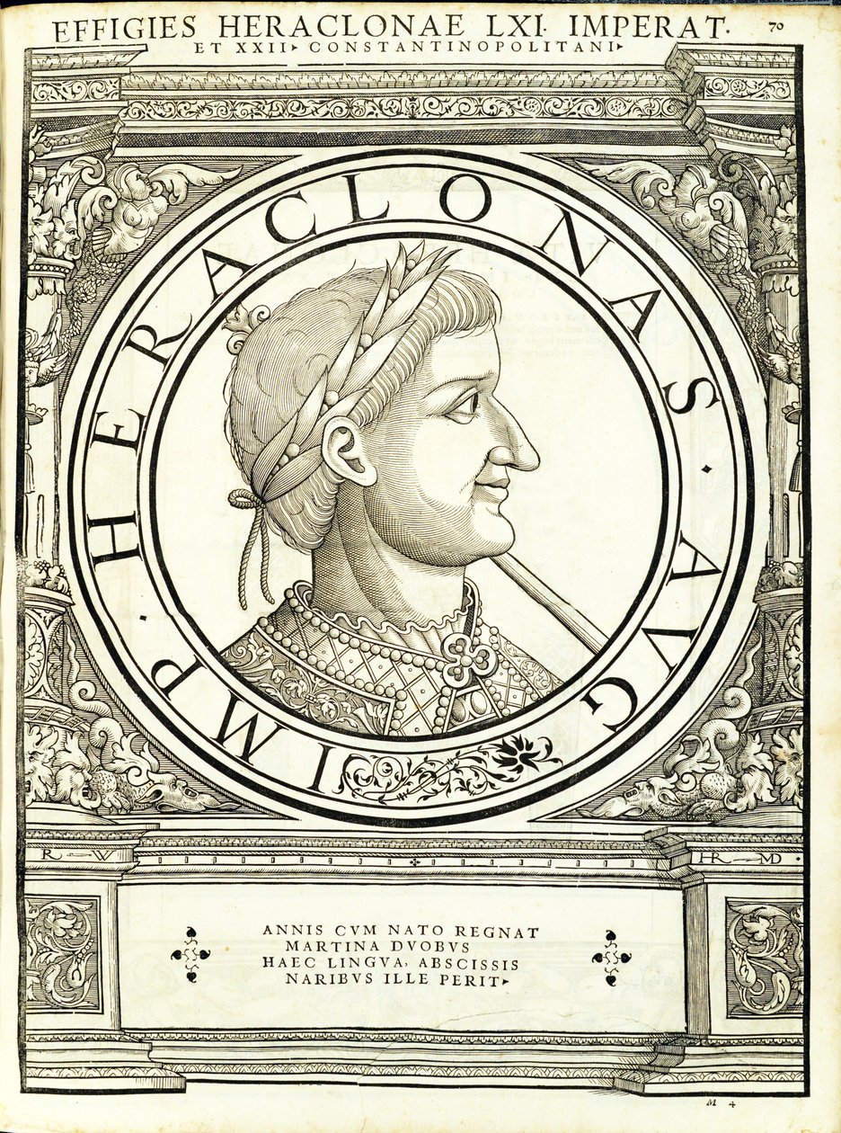 Heraclonas, do comandante geral da Roman leste e oeste mais verdadeiras imagens de moedas antigas, gravura por Rudolph Wyssenbach, impressa por Andreas Gessner, Zurique, de Hans Rudolf Manuel Deutsch