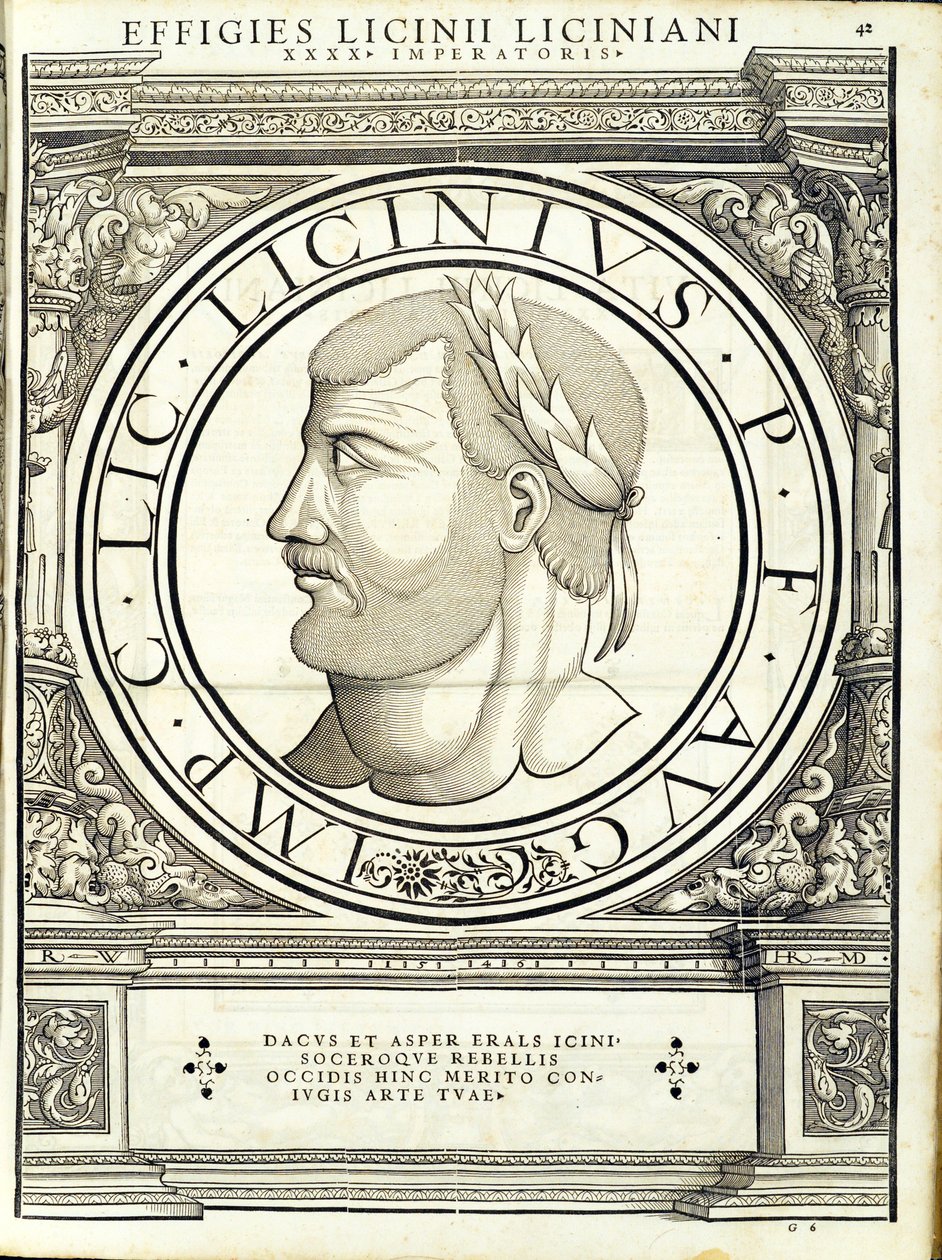 Licínio 1, do comandante geral da Roman leste e oeste mais verdadeiras imagens de moedas antigas, gravura por Rudolph Wyssenbach, impressa por Andreas Gessner, Zurique, de Hans Rudolf Manuel Deutsch