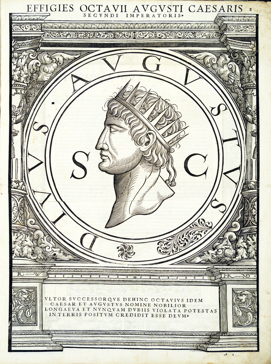 Octávio César, do comandante geral dos Roman Leste e Oeste mais verdadeiras imagens de moedas antigas, gravura por Rudolph Wyssenbach, impressa por Andreas Gessner Z de Hans Rudolf Manuel Deutsch