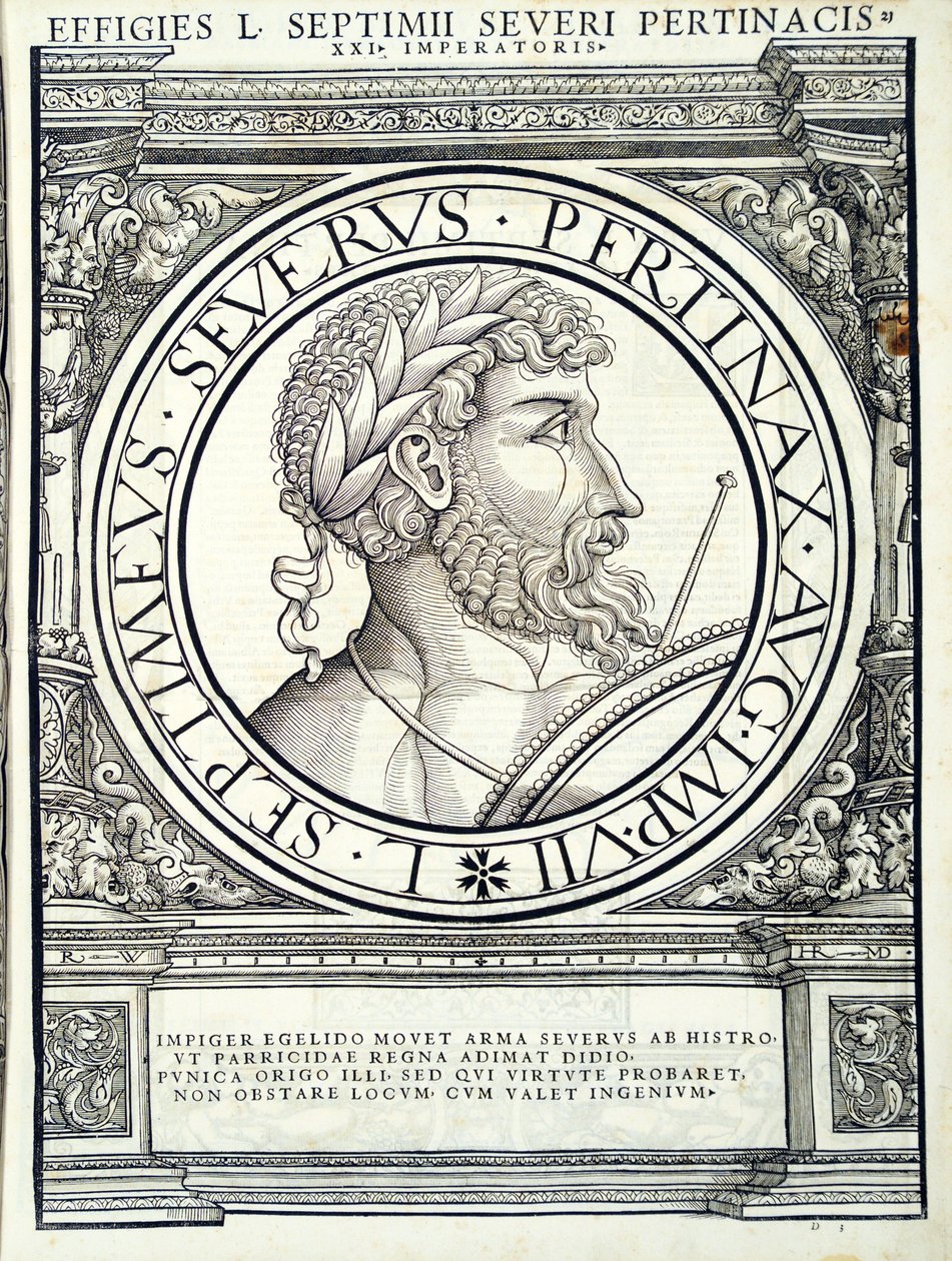 Septimus Severus, do comandante geral dos Roman Leste e Oeste mais verdadeiras imagens de moedas antigas, gravura por Rudolph Wyssenbach, impressos por Andreas Gessner, Z de Hans Rudolf Manuel Deutsch