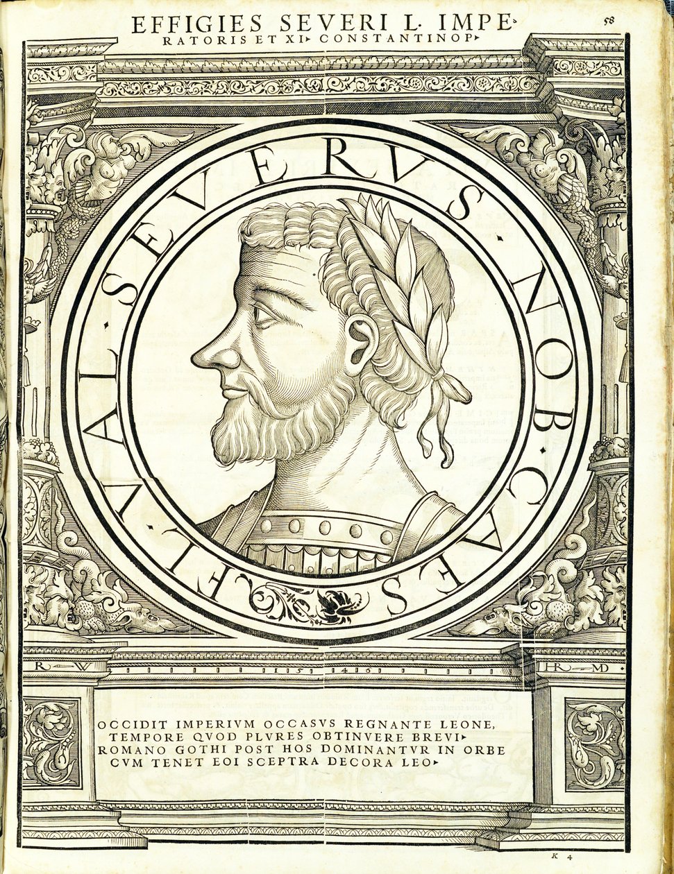 Seuerus 500, do comandante geral dos Roman Leste e Oeste mais verdadeiras imagens de moedas antigas, gravura por Rudolph Wyssenbach, impressa por Andreas Gessner, Zurique, 1 de Hans Rudolf Manuel Deutsch